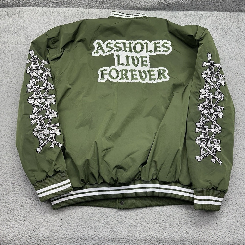 A**holes‎ Live Forever Mens XL Green Varsity Polyester Bomber Jacket Puffer Coat - Picture 2 of 10